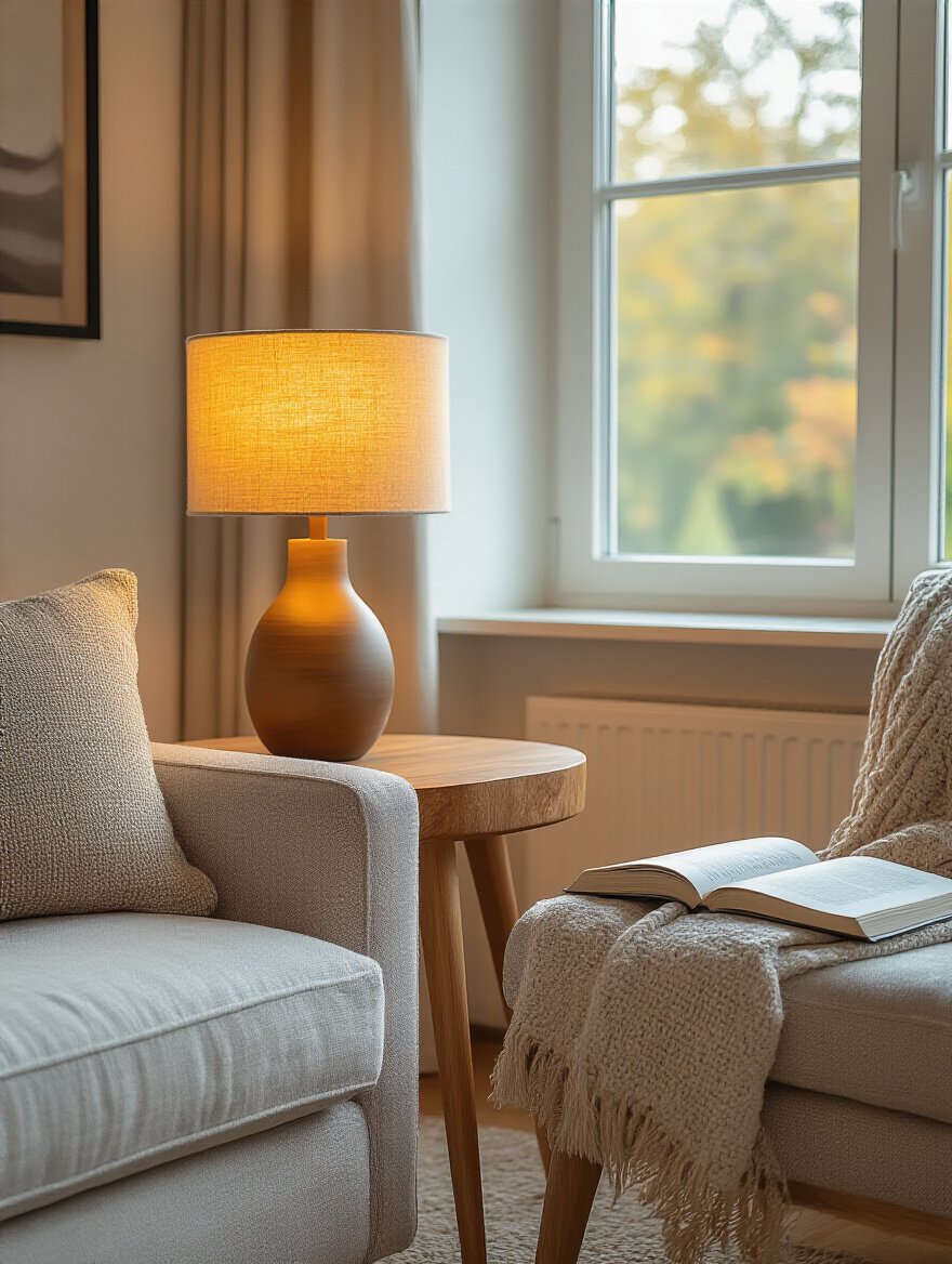 Living room corner with end table and warm glowing lamp for task lighting next to sofa