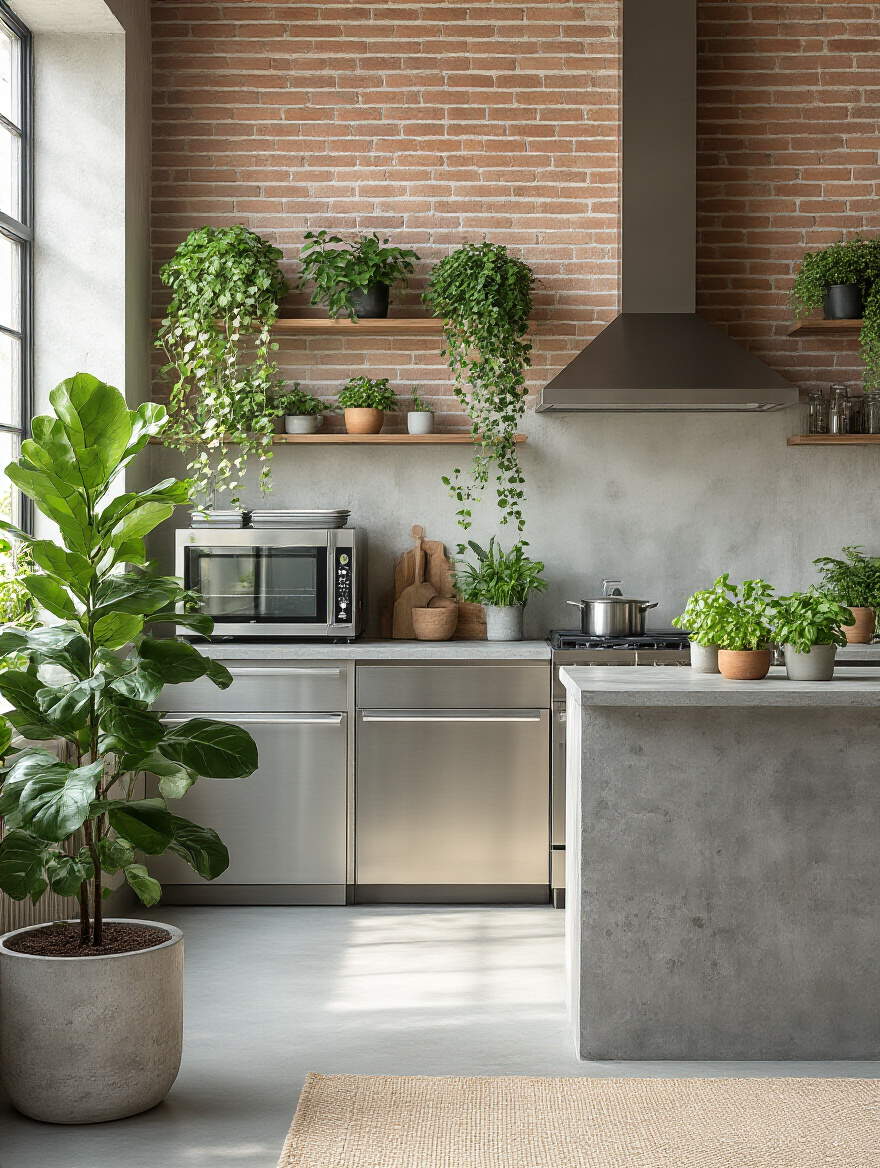 Modern industrial kitchen with concrete and steel featuring lush indoor plants to soften edges and add warmth