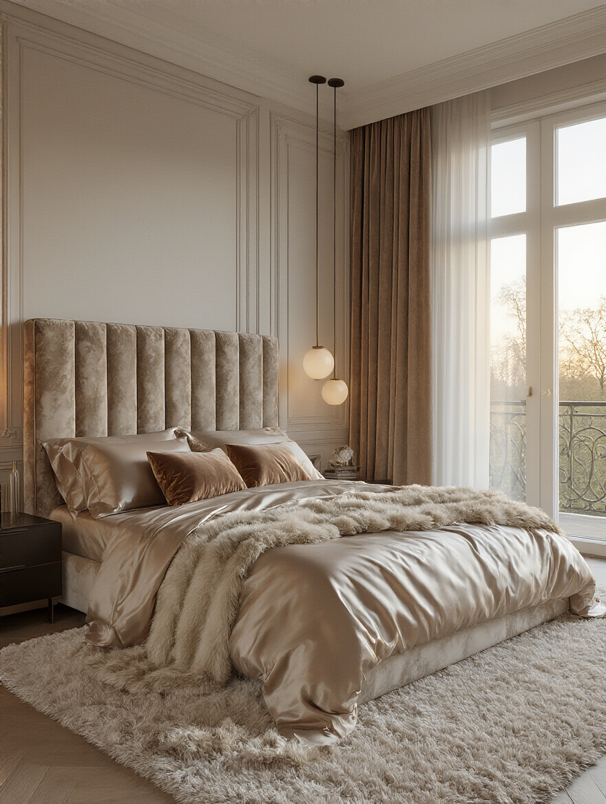 Vertical photo of a luxurious romantic bedroom featuring silk sheets, velvet pillows, and a plush throw in warm light.