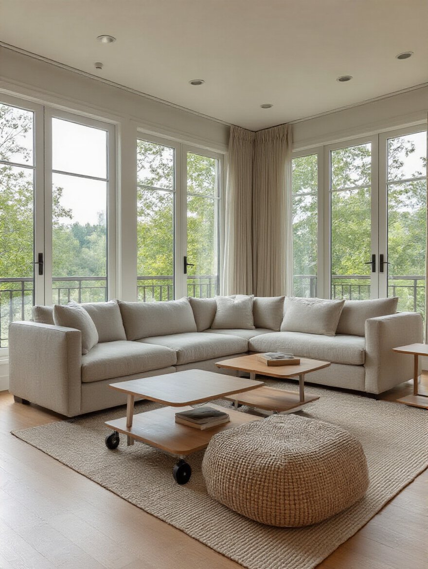 Modern living room with movable furniture including modular sofa and rolling coffee table demonstrating flexible layout