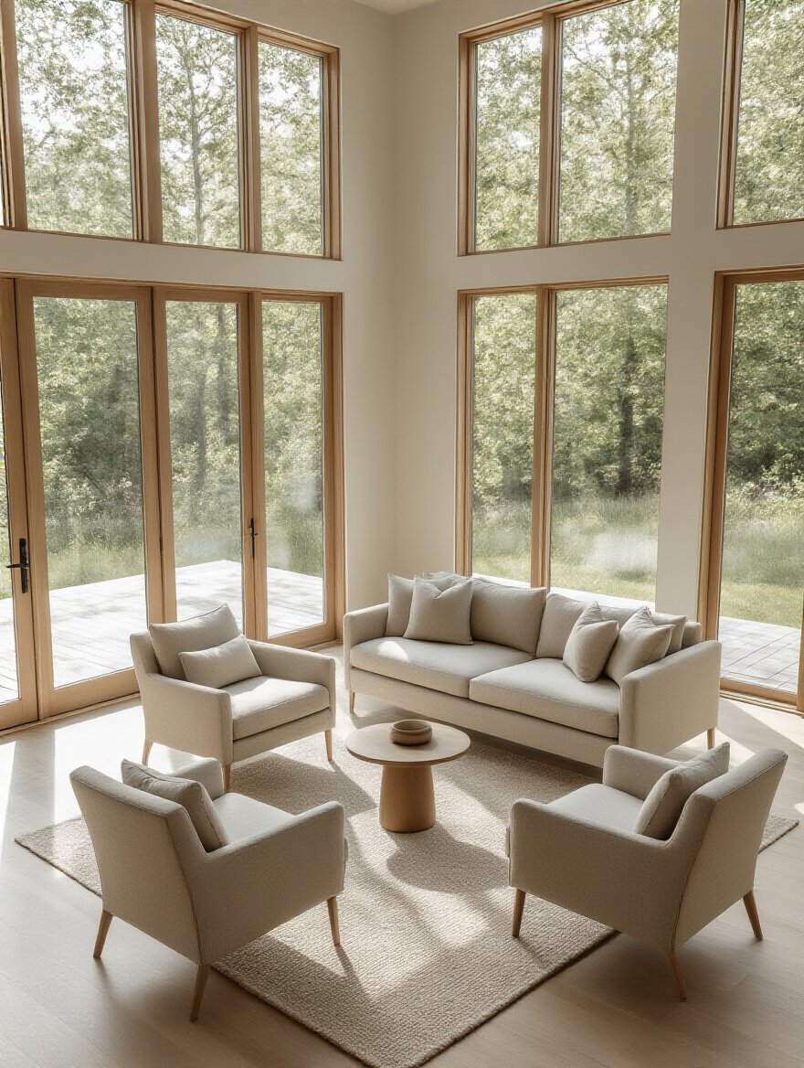 Modern living room with minimalist furniture and ample negative space preventing overcrowding