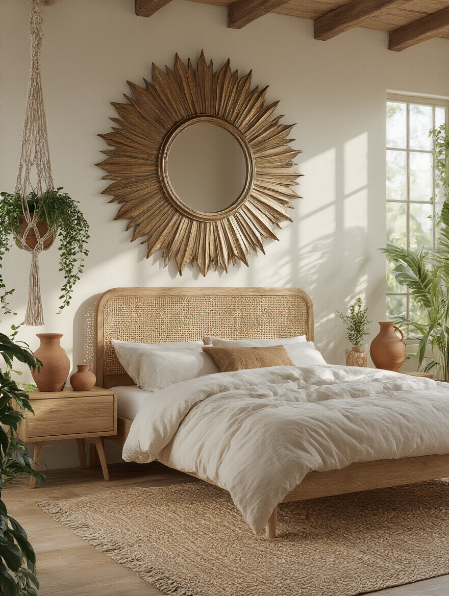 Boho bedroom with large ornate sunburst mirror reflecting warm natural light, surrounded by plants and woven textures