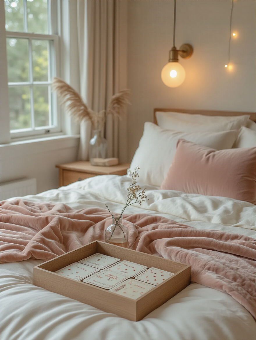 Cozy bedroom corner with prompts deck on a bed tray, warm lighting, no people.