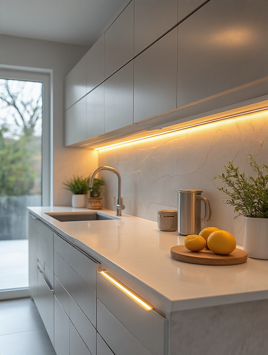 Modern kitchen countertop illuminated by warm under-cabinet LED strip lighting with sleek upper cabinets and shadow-free workspace