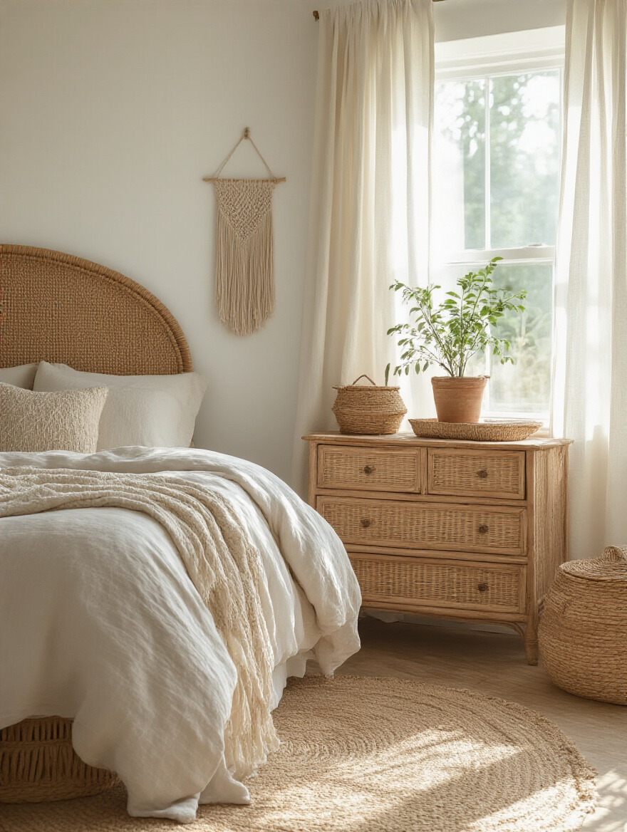 Vertical boho bedroom featuring wicker headboard, rattan dresser, woven baskets, plants, and soft linens