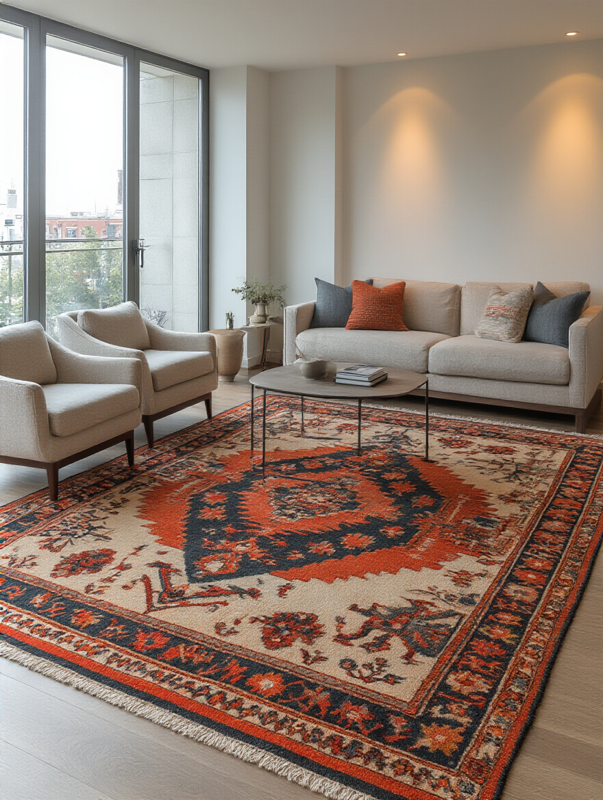 Apartment living room with bold statement area rug defining seating area and adding warmth