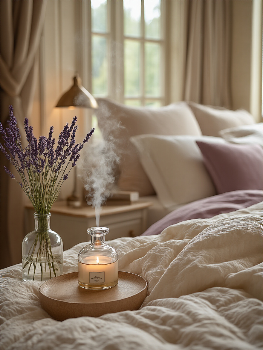 Vertical portrait of a romantic bedroom vignette with a diffuser releasing lavender-scented mist, candles, and plush bedding in warm light.