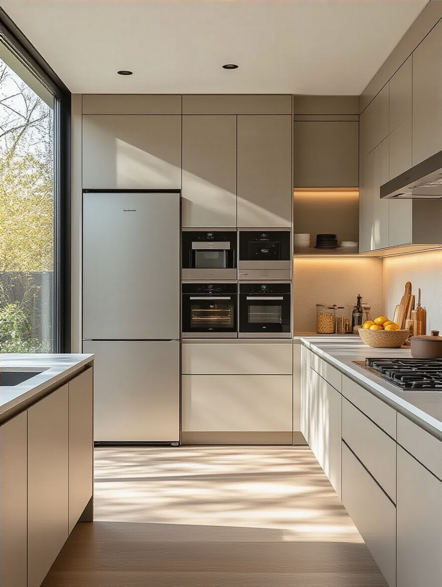 Modern kitchen with fully integrated appliances seamlessly concealed behind custom cabinetry panels for a streamlined visual