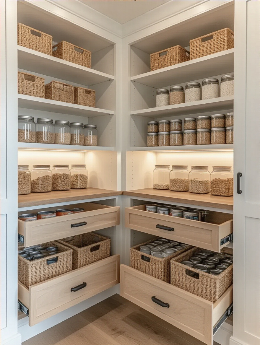 Vertical photo of a deep corner pantry with multiple full-extension pull-out drawers open, showing organized jars, baskets, and cans.