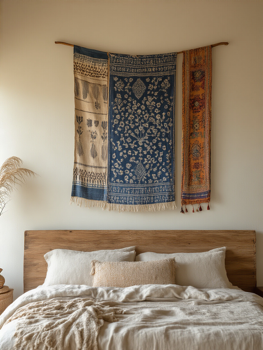 Boho bedroom wall with layered global fabric banners and warm wood tones