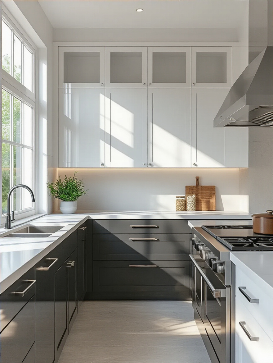 Modern kitchen cabinetry featuring a mix of high-gloss white and matte dark grey finishes with natural lighting
