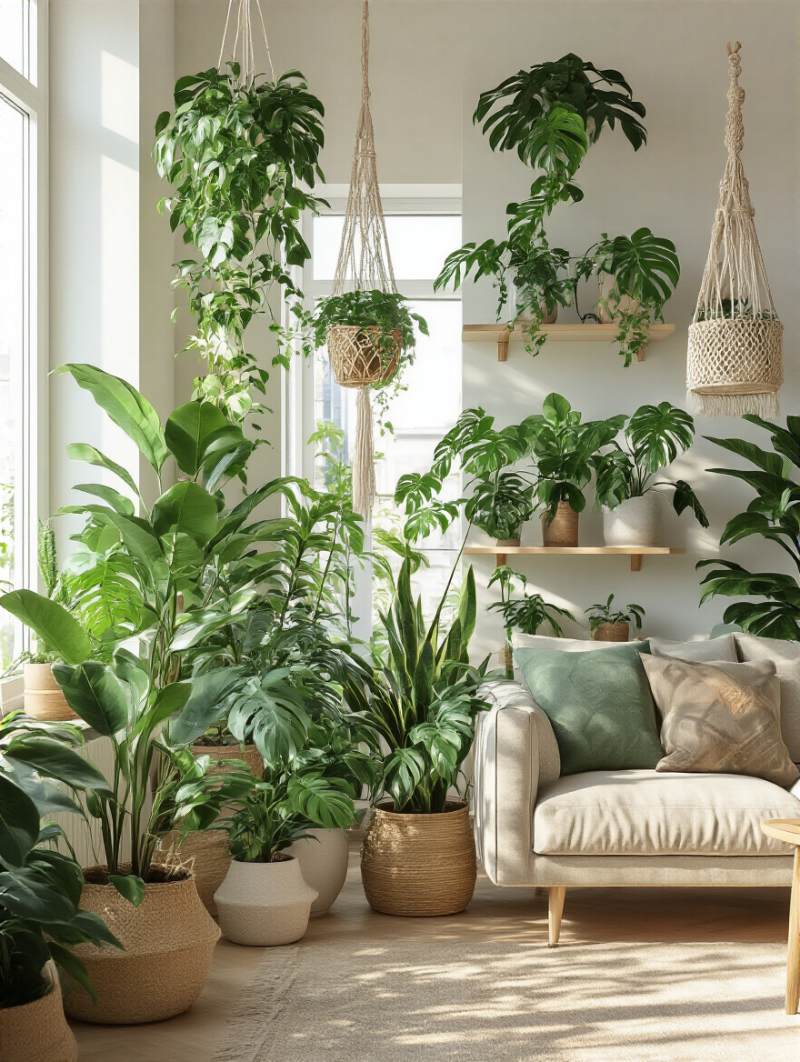 Apartment living room filled with lush green indoor plants creating a vibrant and fresh atmosphere