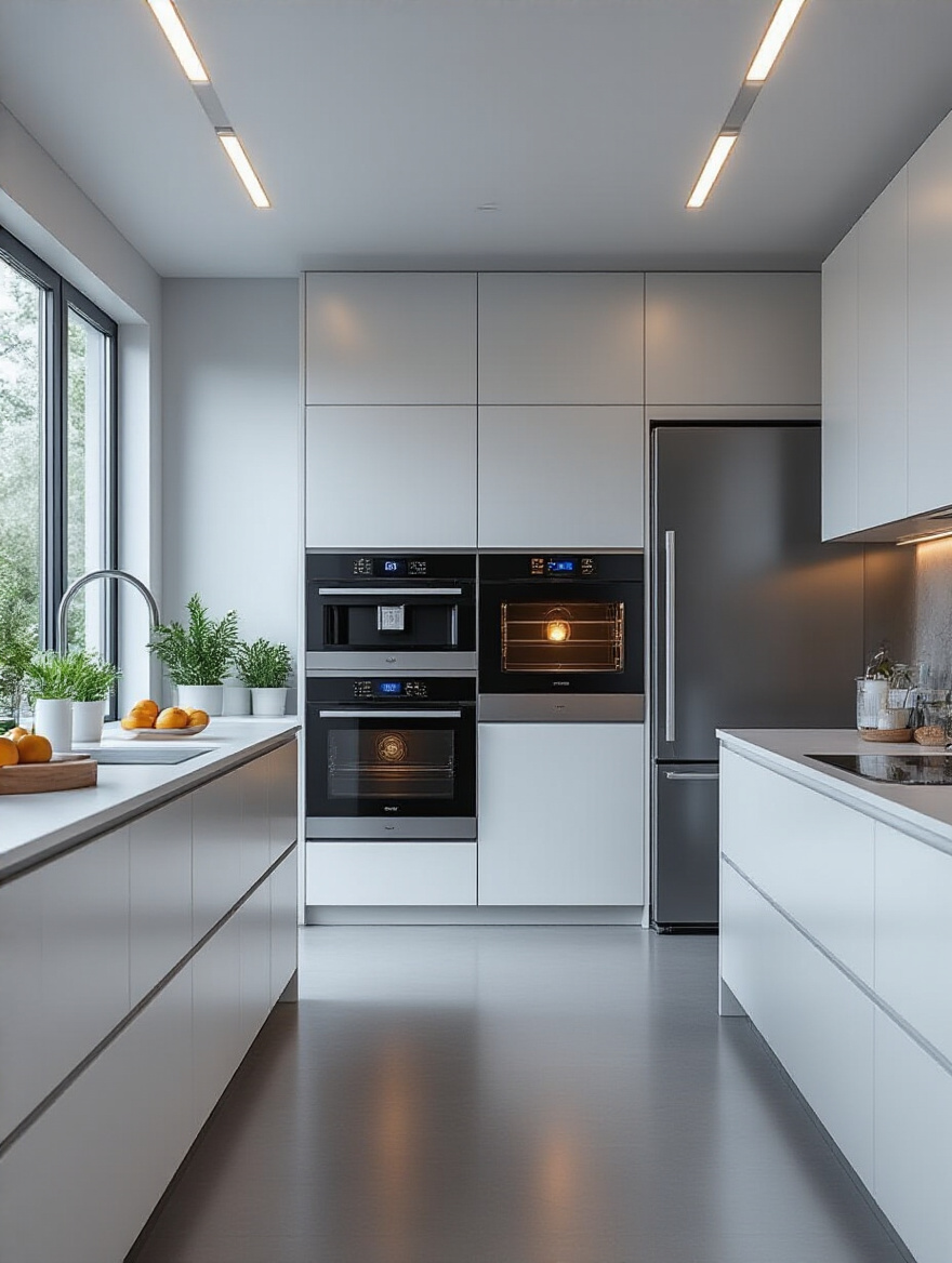 Modern kitchen with integrated smart appliances including smart oven and refrigerator, bright natural lighting, no people
