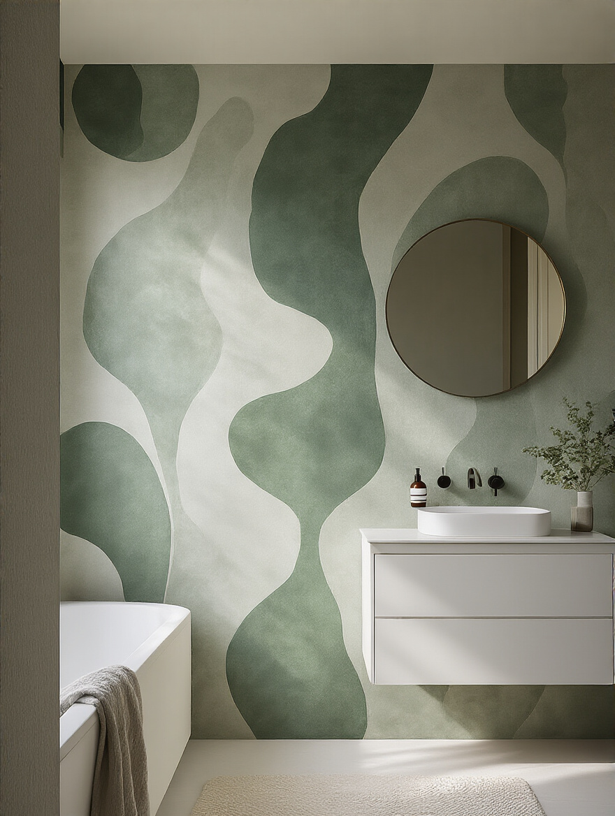 Modern bathroom with an accent wall featuring abstract art motif wallpaper in muted greens and grays, minimalist fixtures, and soft natural lighting