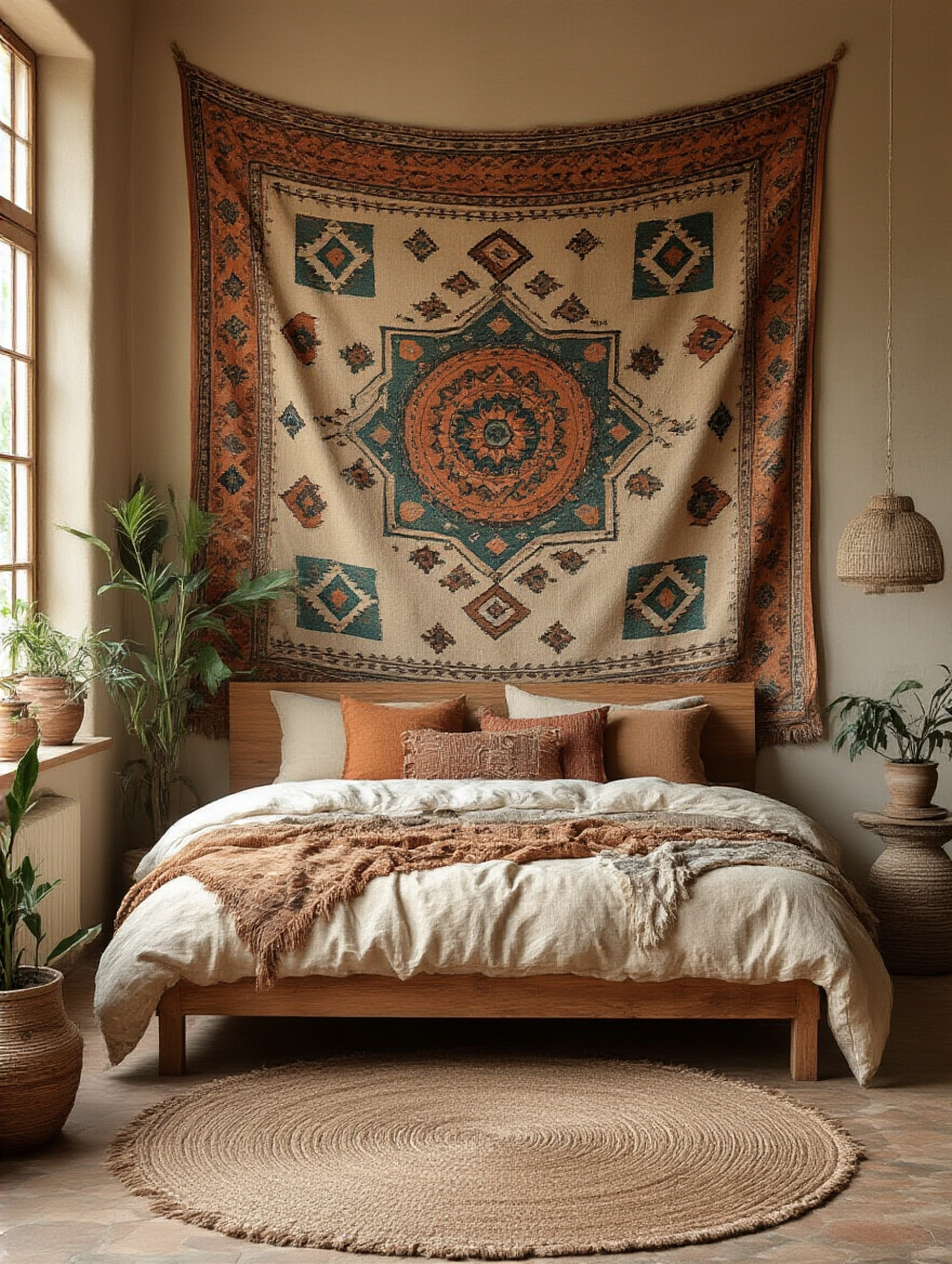Boho bedroom with a large tapestry wall art behind the bed, warm natural lighting, and textured textiles.