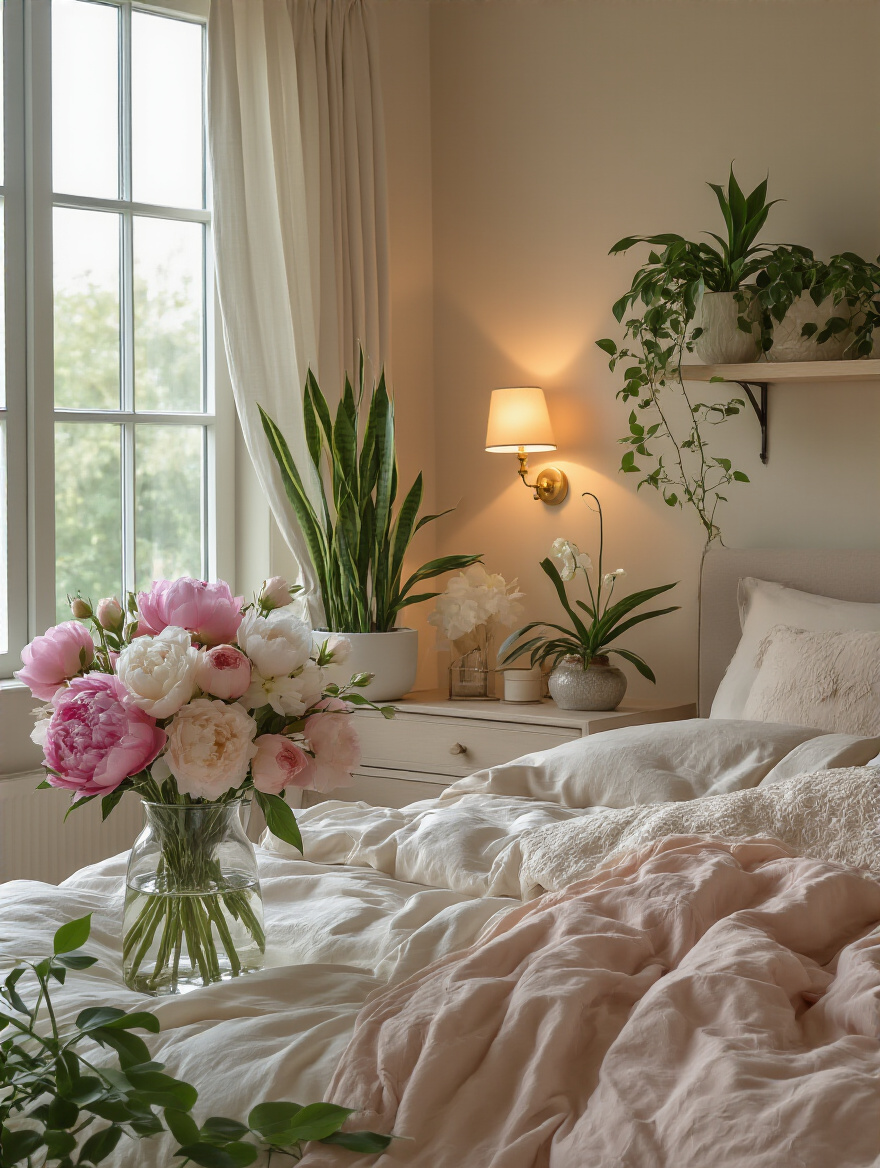 Vertical romantic bedroom with fresh flowers on bedside and a collection of indoor plants, warm lighting.