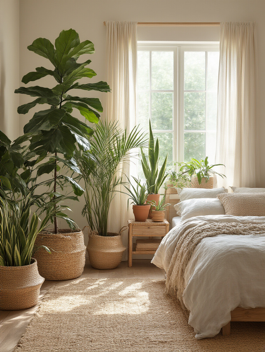 Boho bedroom with large floor plants creating a lush focal point
