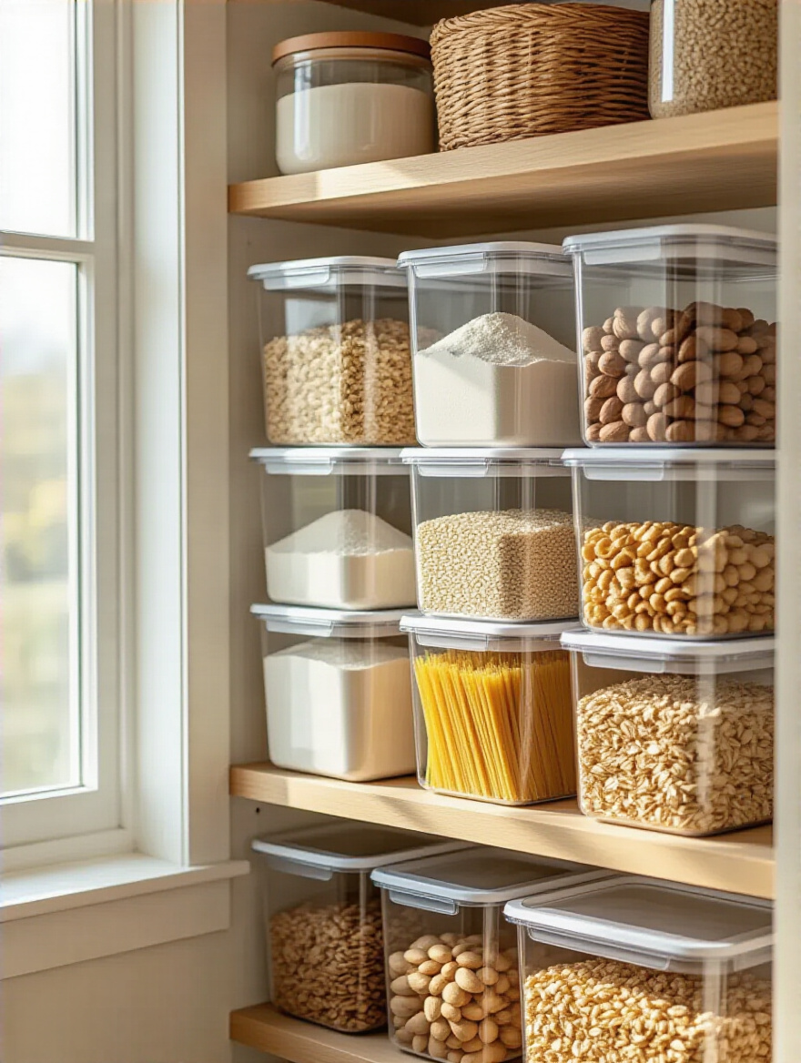 Vertical photo of pantry shelves with clear airtight containers filled with flour, pasta, rice and oats, neatly arranged and well lit