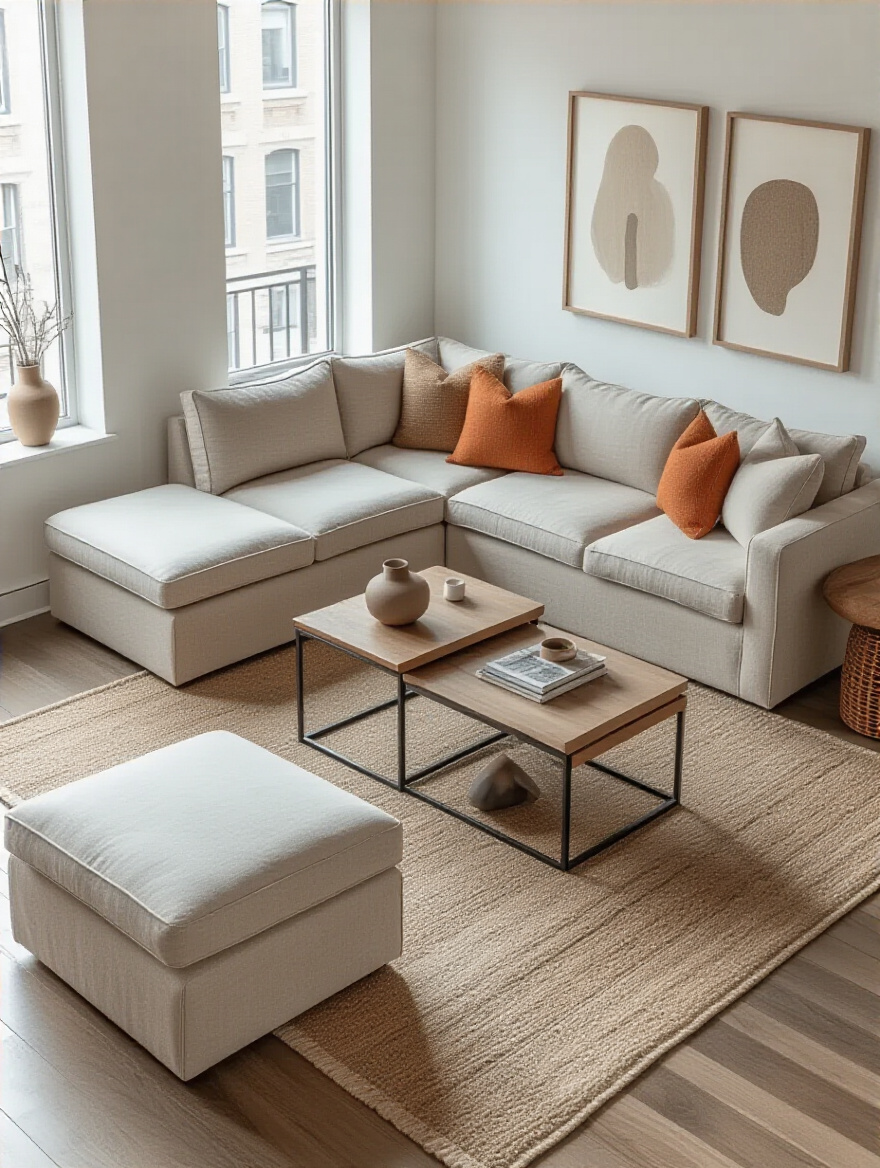 Modern apartment living room with modular sectional sofa and nesting tables showcasing flexible adaptable decor items for style versatility