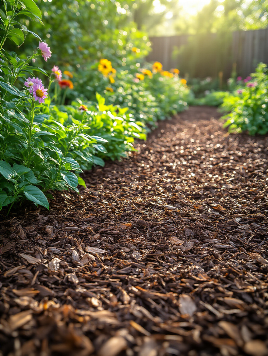 Close-up portrait photo of backyard garden bed with free organic mulch covering soil around plants, highlighting water conservation benefits