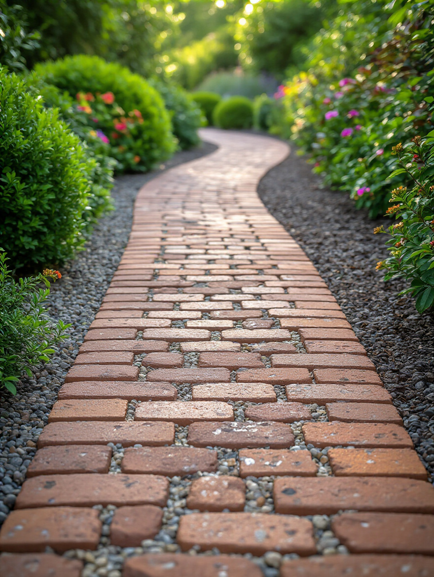 Close-up portrait view of a recycled brick and gravel backyard pathway bordered by garden plants under soft natural light