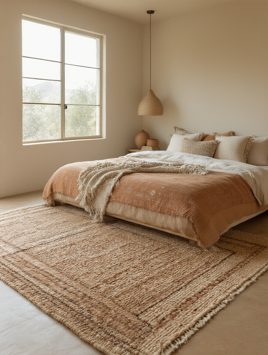 Boho bedroom with two layered area rugs under a bed, warm natural light, and woven textures.