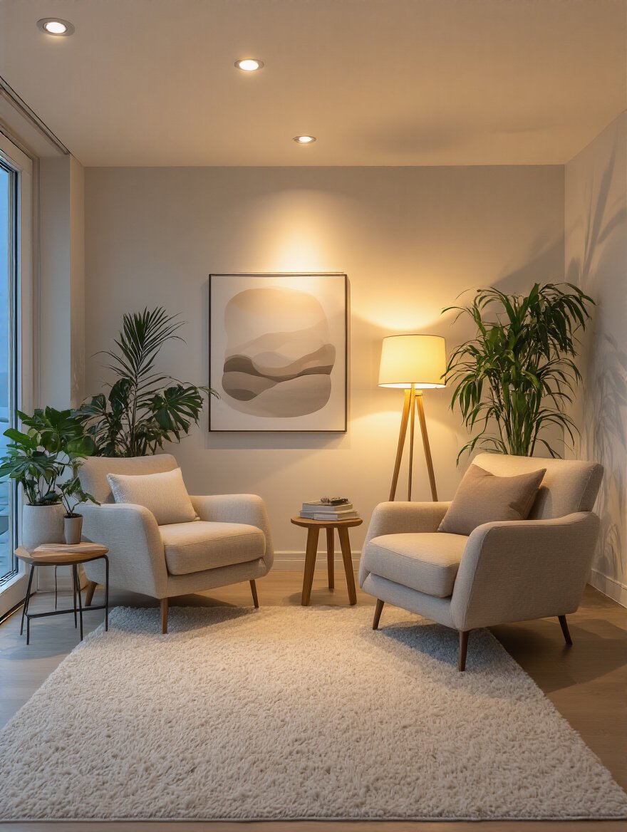 Modern living room with layered ambient, task, and accent lighting showcasing a cozy and functional atmosphere