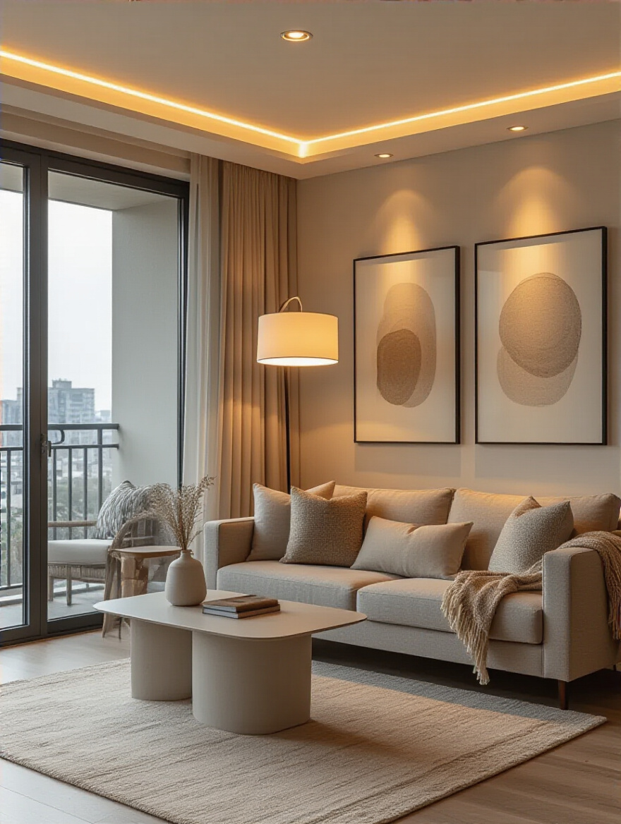 Apartment living room with layered ambient, task, and accent lighting creating versatile moods and ambiance