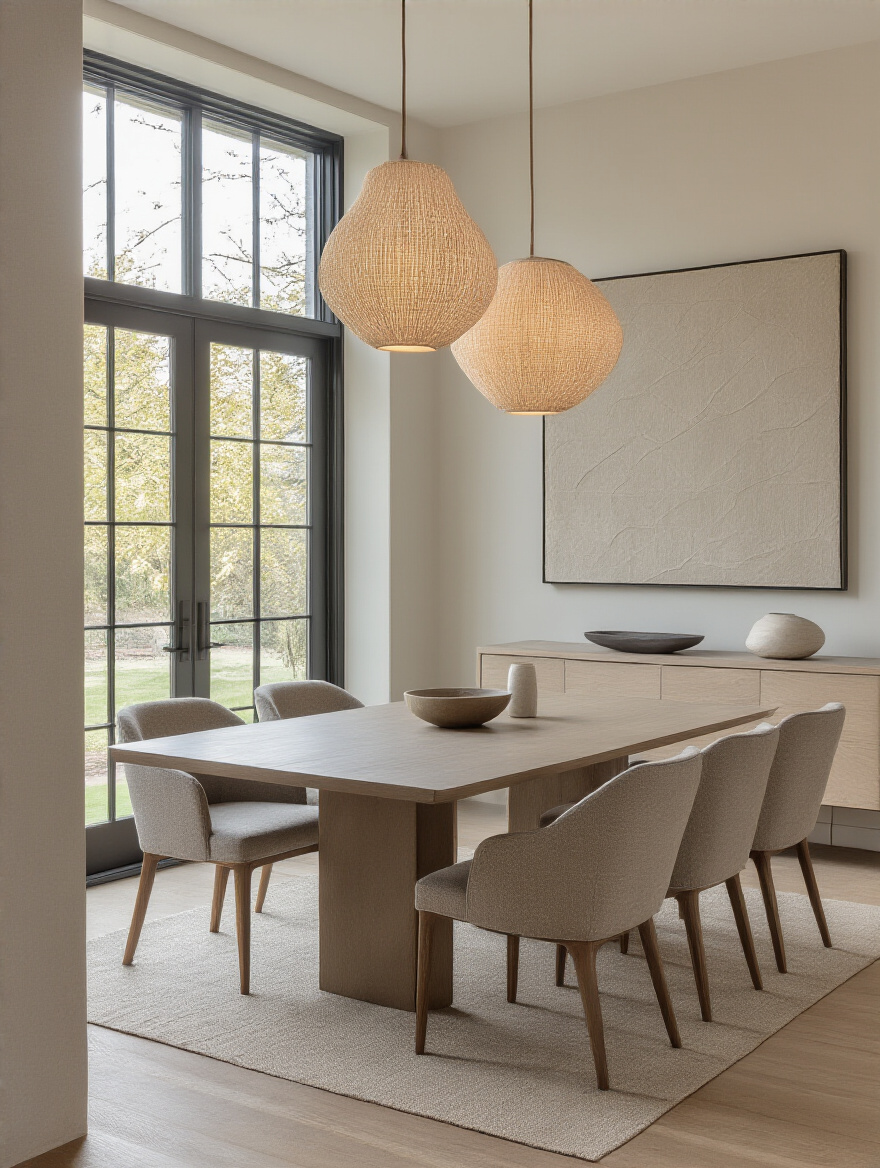 Vertical photo of a cohesive contemporary dining room emphasizing proper scale, negative space, and minimal decor (no people).