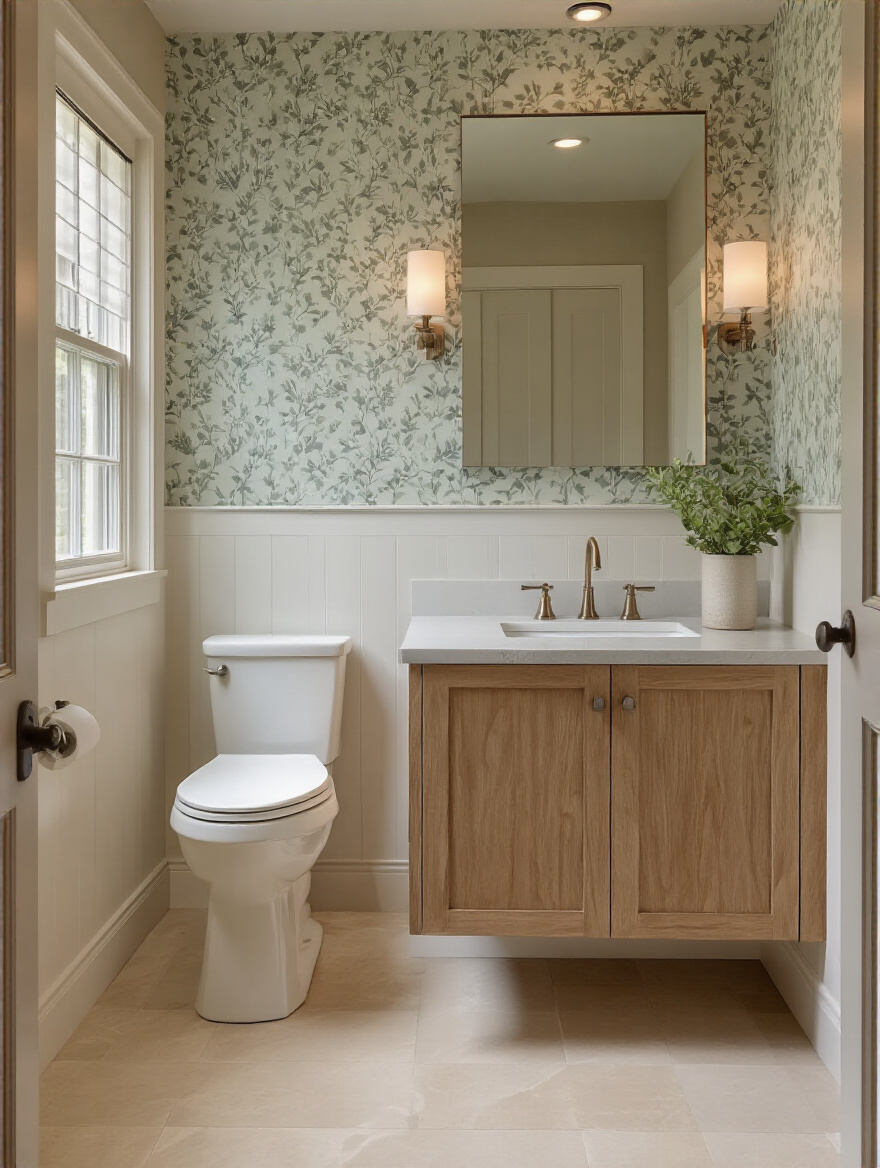 Portrait shot of a coordinated bathroom wallpaper with fixtures