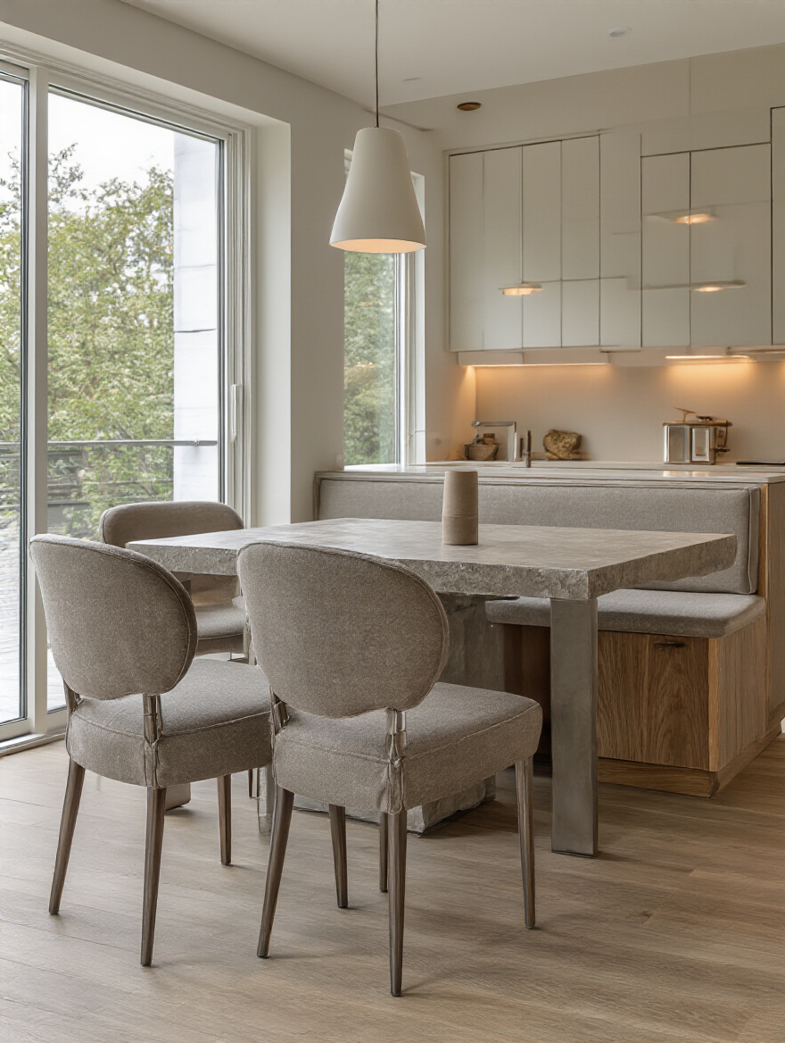 Vertical interior dining room scene with a durable contemporary dining set, no people, no text, warm and cool neutrals