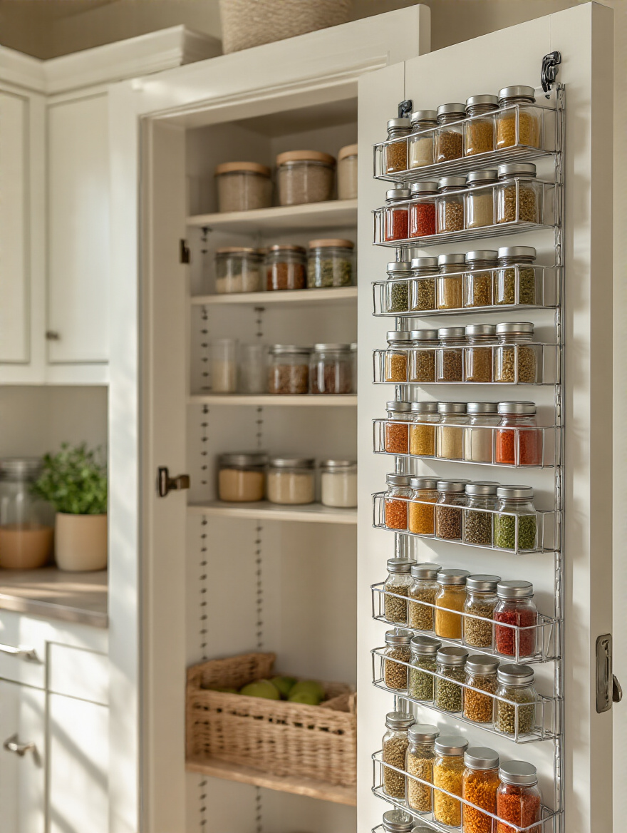 Open pantry door with over-the-door spice racks holding uniform glass spice jars for easy, accessible spice storage