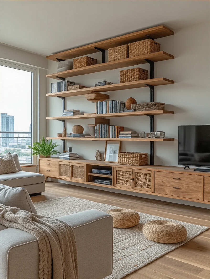 Modern apartment living room with floor-to-ceiling floating shelves and wall-mounted cabinets showcasing vertical wall space utilization for storage and display.