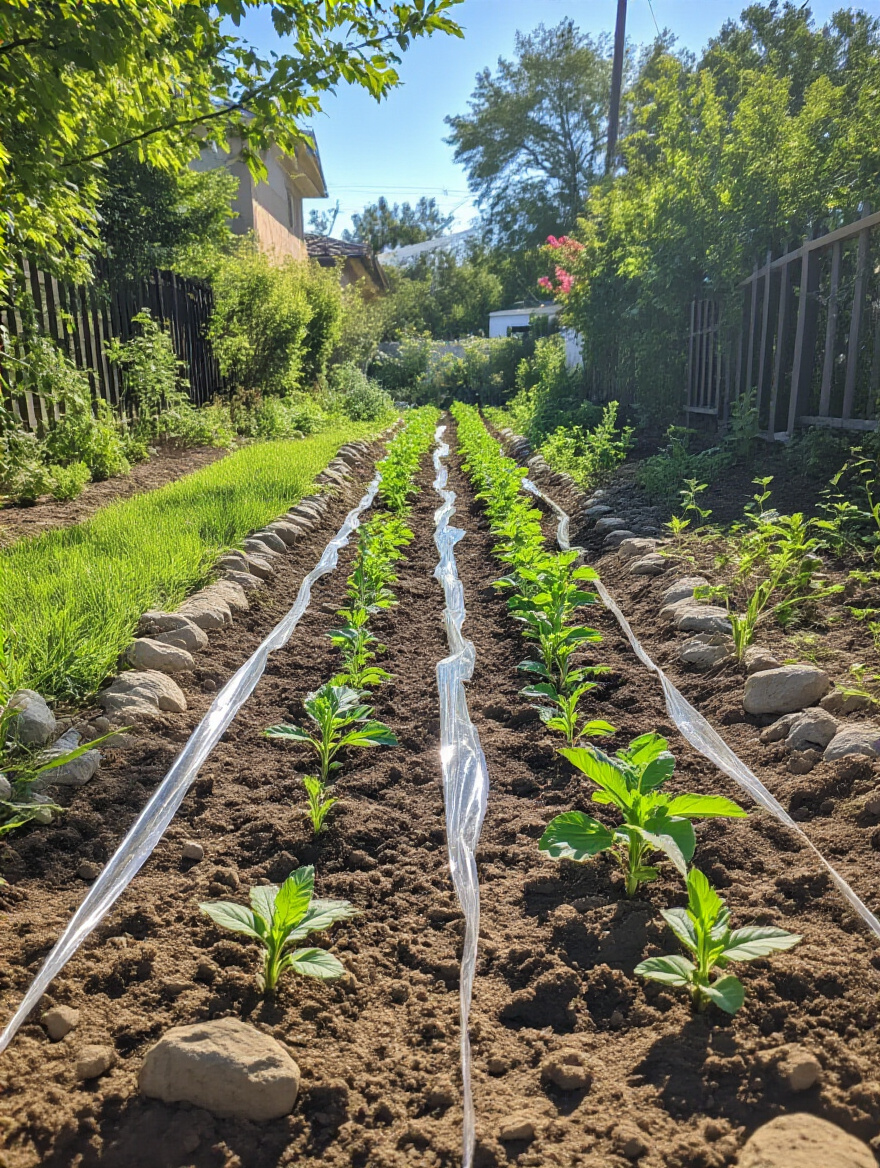 Backyard garden bed covered with clear plastic sheeting for natural weed control before planting