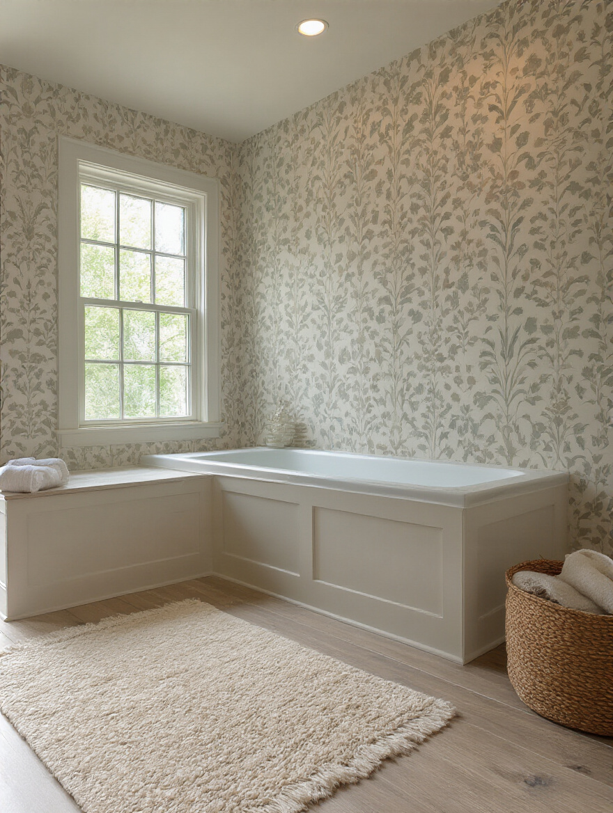 Portrait view of a bathroom half-wall with seamless wallpaper pattern matching