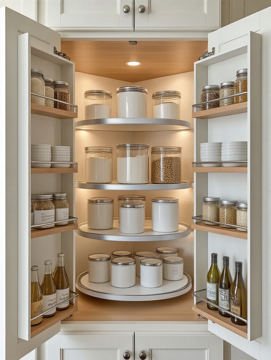 Deep corner pantry with two-tier rotating Lazy Susan organizer neatly stocked with unlabeled jars and bottles