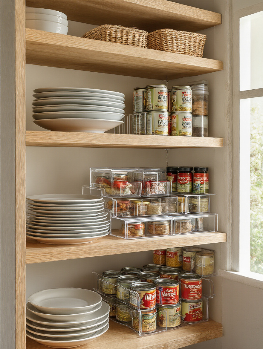 Portrait photo of pantry shelves using metal and clear acrylic multi-tier shelf risers to store cans, spices, and plates
