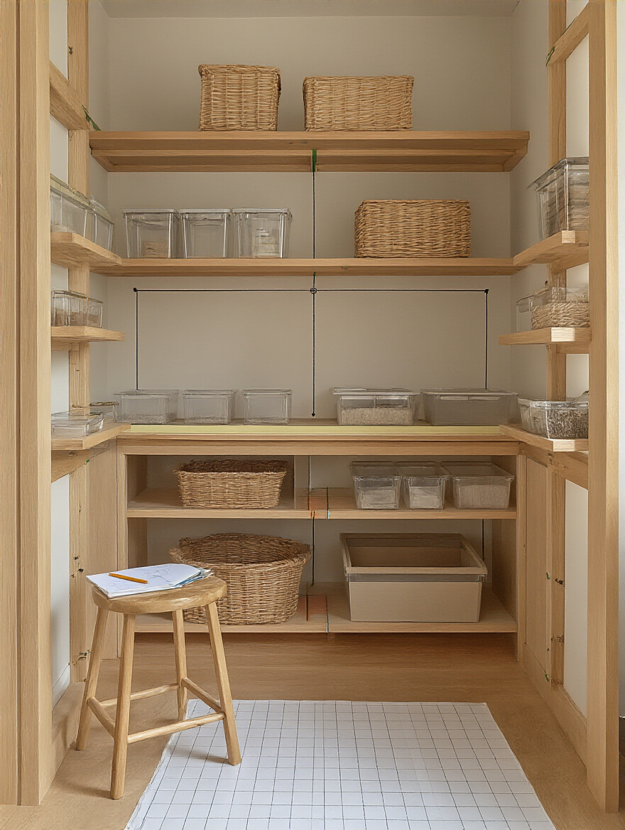 Open pantry with painter's tape shelf markings, graph-paper floor plan and clear storage bins illustrating layout planning