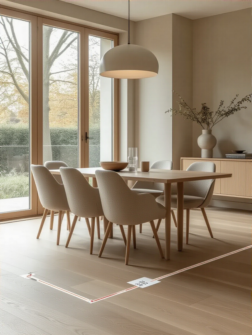 Portrait photo of a contemporary dining room with floor-outline planning lines showing measured space and flow