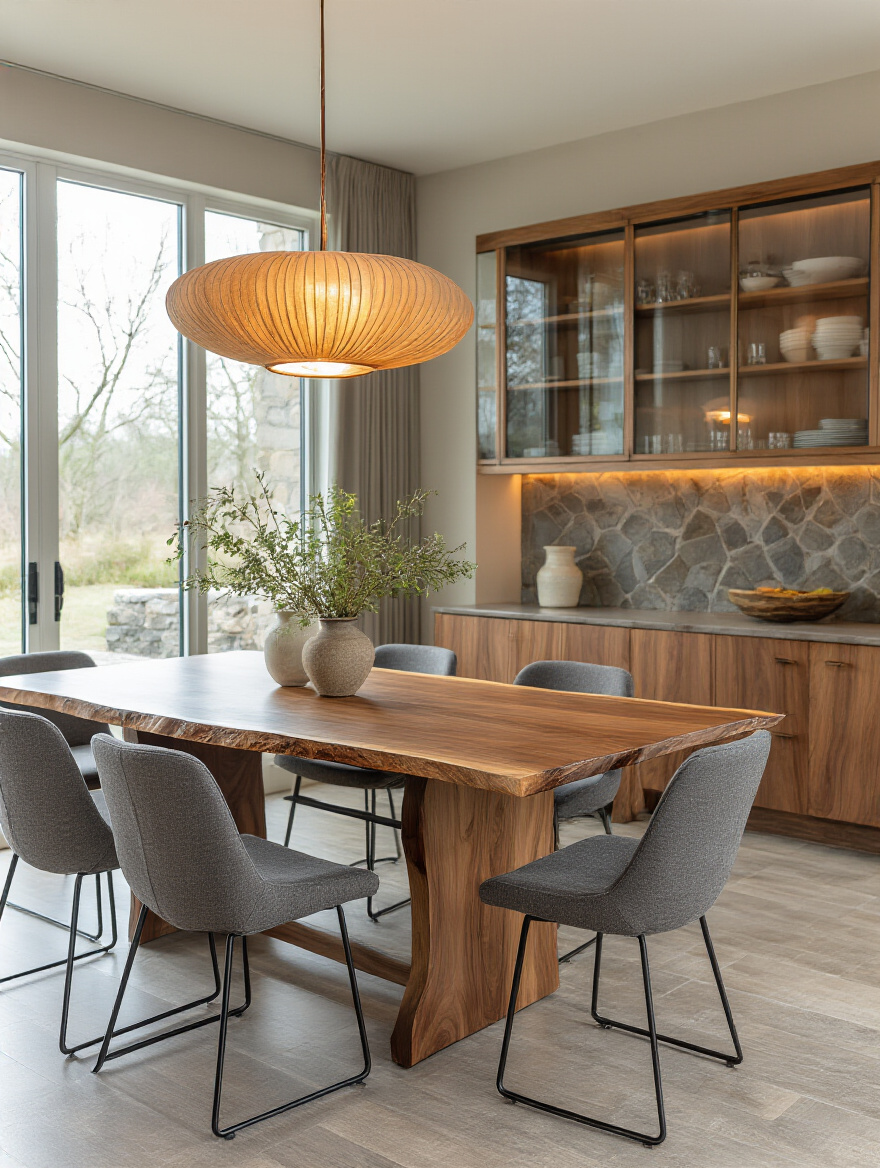 Contemporary dining room showcasing mixed materials such as wood, metal, glass, and fabric in a cohesive design.
