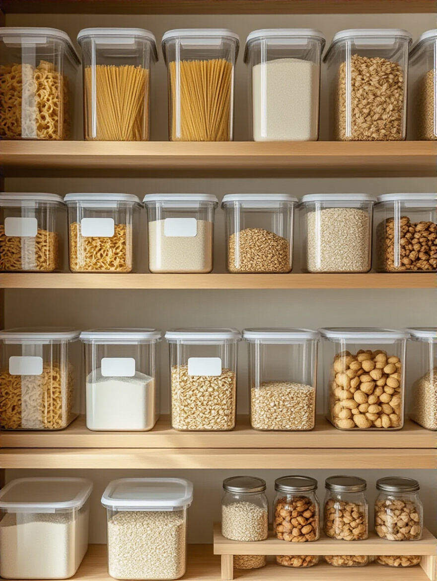Tall pantry shelf with uniform clear containers showing pasta, rice, oats and other staples