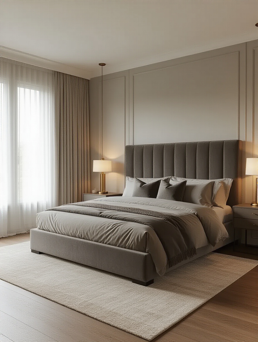 Vertical bedroom interior showing bed in commanding position with symmetrical nightstands and soft daylight.