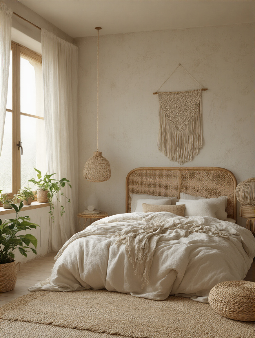 Boho bedroom with sheer, flowing curtains diffusing natural light onto a cozy bed and plants