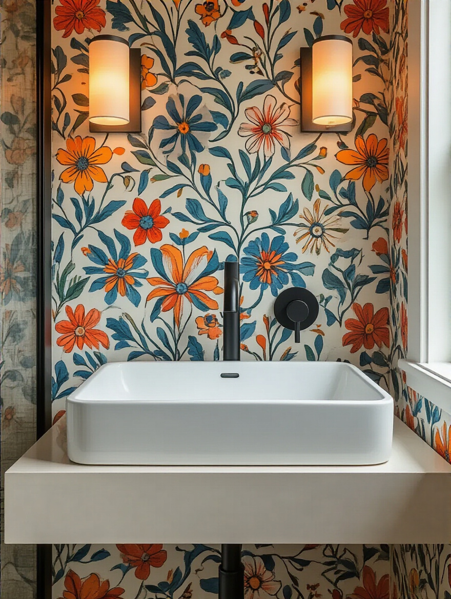 Modern bathroom with vibrant busy floral wallpaper and simple white sink with matte black fixtures