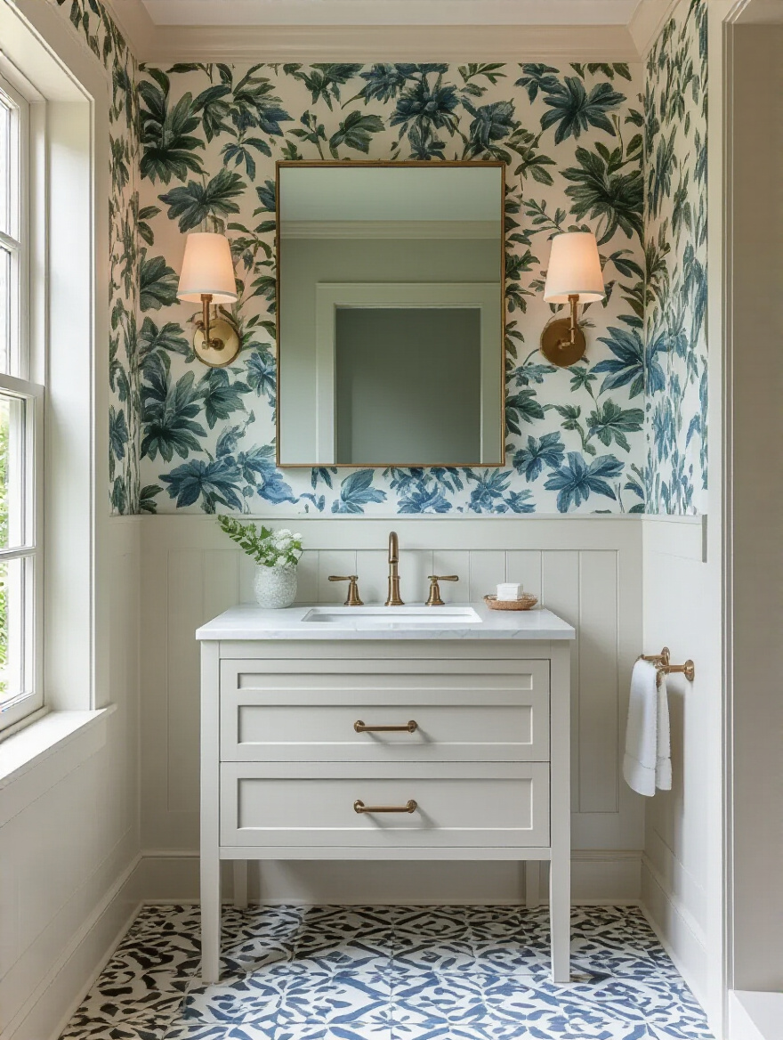 Portrait view of a bathroom half-wall with wallpaper pattern, illustrating scale and mood