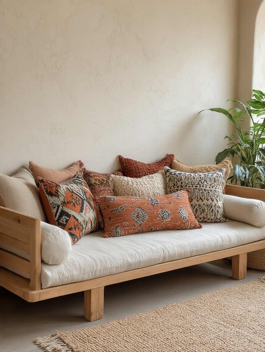 Boho bedroom with a lush pile of patterned cushions on a low daybed
