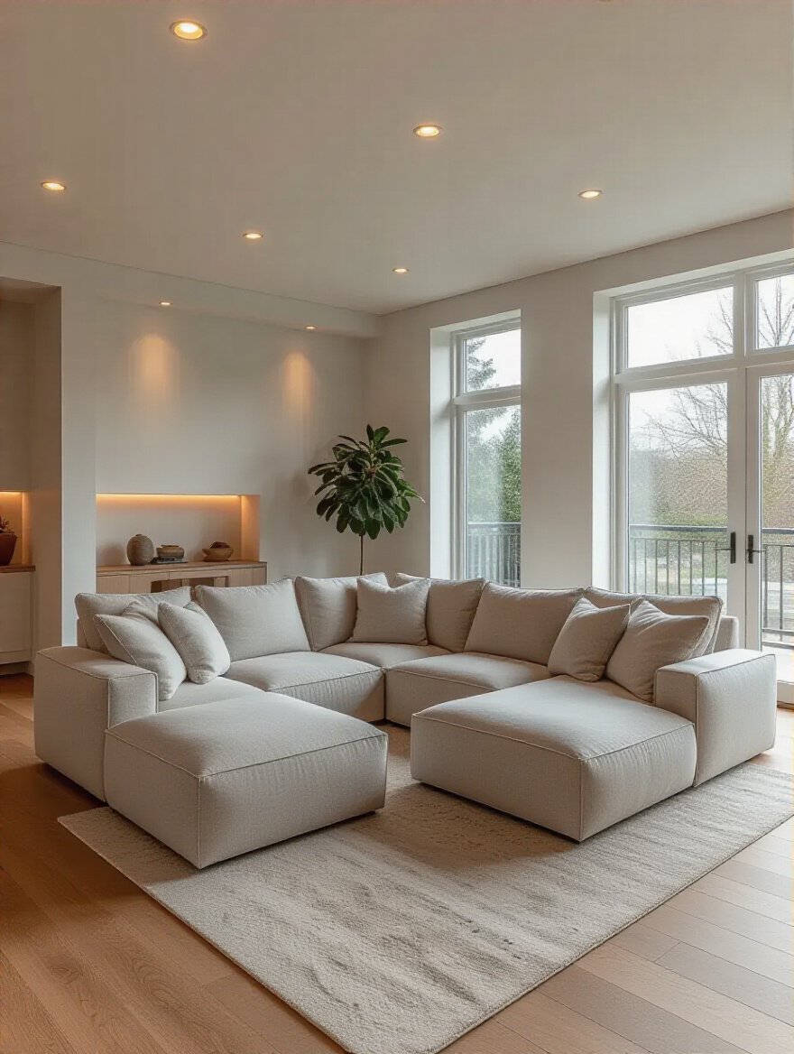 Modern living room with large sectional sofa placed first to define furniture layout and room flow