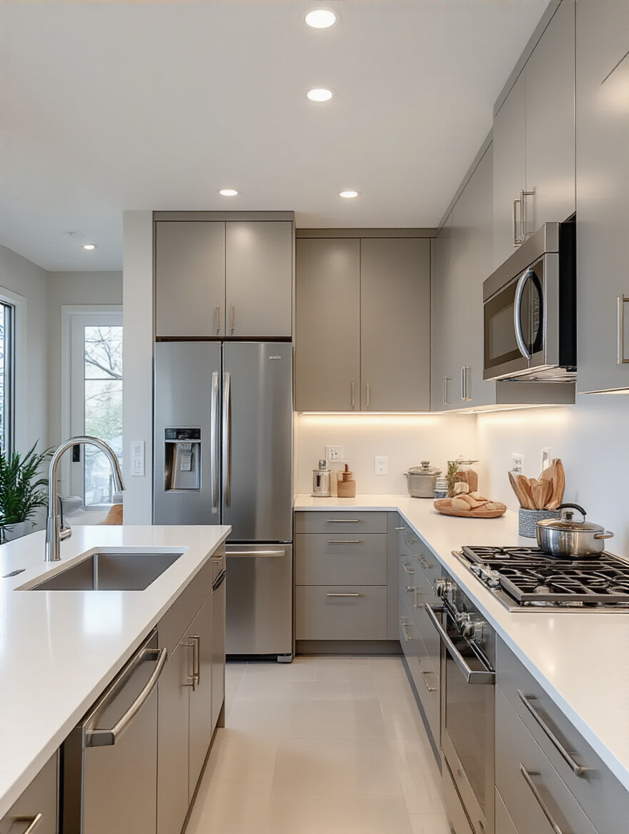 Modern kitchen interior showing smart layout design for maximum functionality and ergonomics with well-arranged appliances and ergonomic features