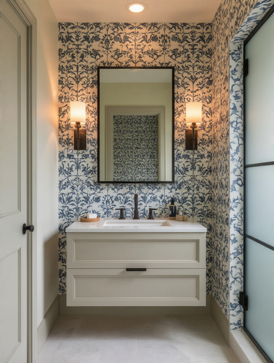 Vertical bathroom showing wallpaper half-wall aligned with door frame and window, with clean break lines around architectural elements.