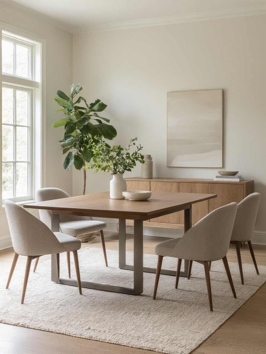 Vertical portrait of a contemporary dining room with an extendable dining table in mid-extend state, modern chairs, and warm ambient lighting.